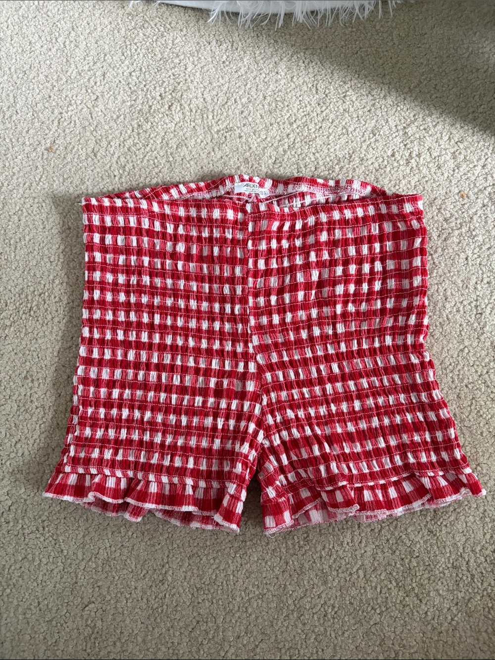 Ardene Red and White Smocked High-Waist Ruffle-Hem Shorts